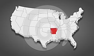 Arkansas State Highlighted on the United States of America 3D map. 3D Illustration