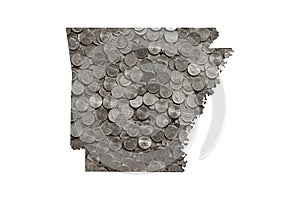 Arkansas State Map Outline with Piles of Nickels, Money Concept