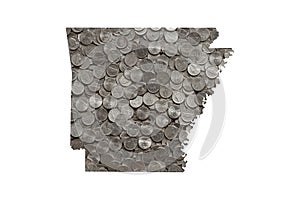 Arkansas State Map Outline with Piles of Nickels, Money Concept photo