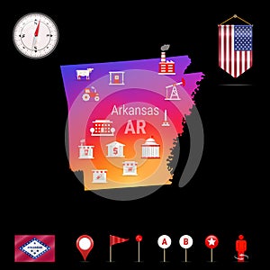Arkansas Vector Map, Night View. Compass Icon, Map Navigation Elements. Pennant Flag of the USA. Industries Icons