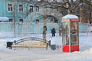 Arkhangelsk, Russia, February, 20, 2018. Retro-style telephone booth on Chumbarov-Luchinsky Avenue