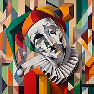 Arlequin with a sad face modern painting, geometric patterns photo