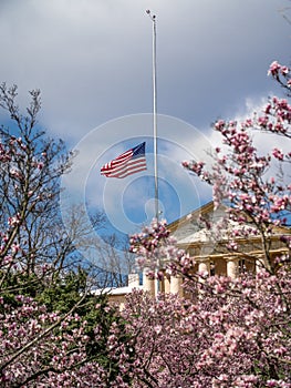 Arlington House, at Arlington Cemetery in Virginia. Flag at half-staff.