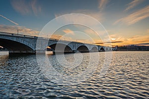 The Arlington Memorial Bridge and Potomac River at sunset, in Washington, DC