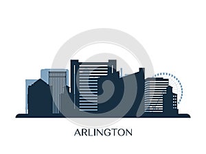 Arlington, Texas skyline, monochrome silhouette.
