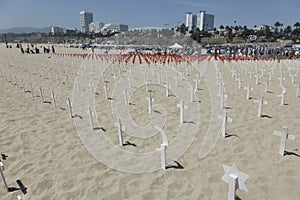 Arlington West Crosses on the beach. Santa Monica, CA, USA. June 16, 2014.