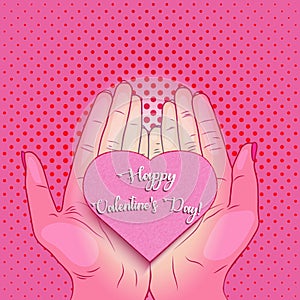 Happy Valentine`s day! illustration - women`s hands hold the heart