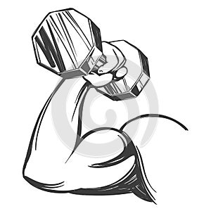 Arm, bicep, strong hand holding a dumbbell, icon cartoon hand drawn vector illustration sketch