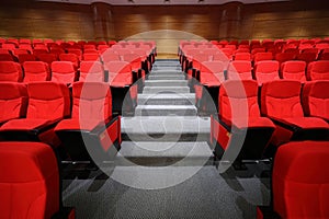 Arm-chairs and gangway are in empty hall