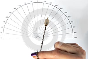 Arm of a dowser with hand-held pendulum over the chart.