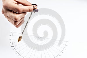 Arm of dowser with hand-held pendulum over the chart.