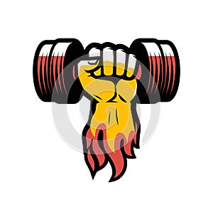 Arm with dumbbell. Gym club logo or label. Vector illustration