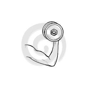 Arm with dumbbell hand drawn outline doodle icon.