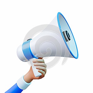 Arm or hand Cartoon character holding Megaphone. Announcement concept with amplifier isolated on white background with clipping