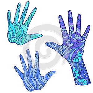 Arm. Hands. Doodles with abstract patterns on isolation background. Design for spiritual relaxation for adults. Objects for