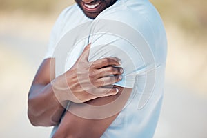 Arm injury, athlete and fitness accident from training, exercise and workout outdoor. Hand, man and male person holding