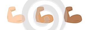 Arm muscle. Emoji of strong bicep. Emoticon of strength in hand. Icon of power of protein for man. Flex muscle of arm. Exercise in