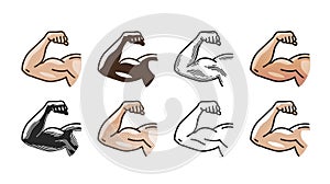 Arm muscles, strong hand icon or symbol. Gym, sports, fitness, health concept. Vector illustration