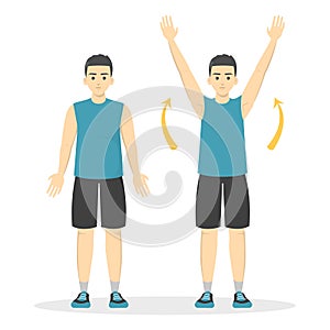 Arm raise exercise. Man in sport clothes doing warm-up