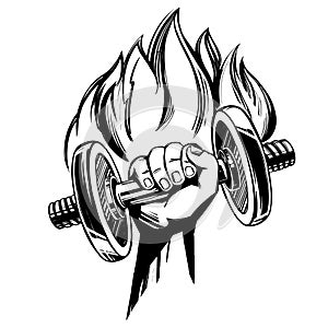 Arm, strong hand holding a dumbbell with the fire emblem, icon cartoon hand drawn vector illustration sketch