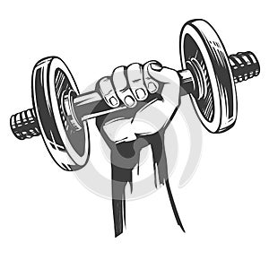 Arm, strong hand holding a dumbbell, icon cartoon hand drawn vector illustration sketch