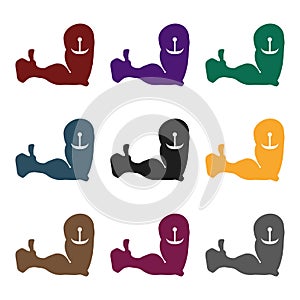 Arm with tattoo of anchor icon in black style isolated on white background. Pub symbol stock vector illustration.