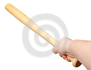 Arm with wooden baseball bat isolated
