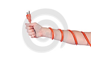 Arm wrapped in an orange electrical power cord