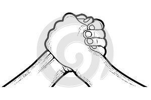 Arm wrestling contest, two hands symbol of brotherhood, strength and competition photo