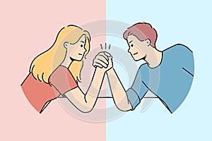 Arm wrestling between couple of man and woman for concept of fighting for leadership in family