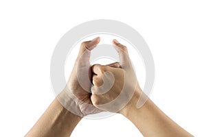 Arm wrestling between man and woman on white background