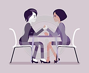 Arm wrestling between two business opponents, businesswomen in competition
