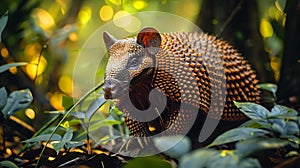 Armadillo Dasypodidae, an unusual animal of the rainforest, close-up