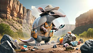 Armadillo Geologist Exploring Desert Rocks