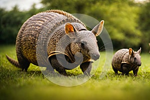 Armadillo with offspring on the grass