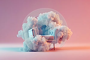 An armchair with clouds. Fluffy cloud around soft armchair. Peaceful place for meditation and thinking. Dreaming, mental health,