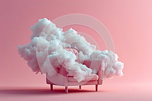 An armchair with clouds. Fluffy cloud around soft armchair. Peaceful place for meditation and thinking. Dreaming, mental health,