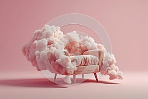 An armchair with clouds. Fluffy cloud around soft armchair. Peaceful place for meditation and thinking. Dreaming, mental health,