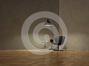 Armchair with coffee table and lamp on empty wall in nightime photo