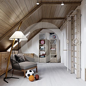 Armchair with floor lamp, bookcase, childrens stairs-wall, childrens room on the attic