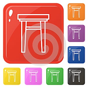 Armchair icon set 8 color isolated on white. Collection of glossy square colorful buttons with armchair. Vector illustration for