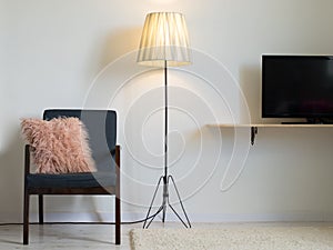 Armchair and lamp in minimal interior. TV
