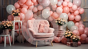 Armchair in living room interior with peach and orange balloons. Beautiful Photo Zone in Peach Fuzz color