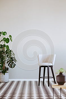 Armchair in modern living room interior with grey wall and black and white floor