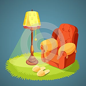 Armchair with pillows, green carpet on floor, lamp shade