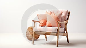 Armchair with pink pillows on white background. Peach Fuzz color