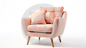 Armchair with pink pillows on white background. Peach Fuzz color