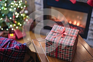 Armchair with plaid, packing gift boxes for family near christmas tree and fireplace. Top view.