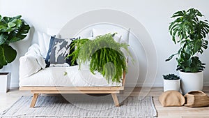 Armchair on rug next to bench with plants in white loft interior with wooden sofa. Real photo