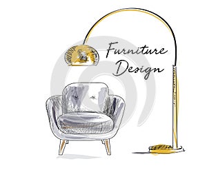 Armchair sketch. hand drawn chair. vector furniture illustration. mid century modern interior design.
